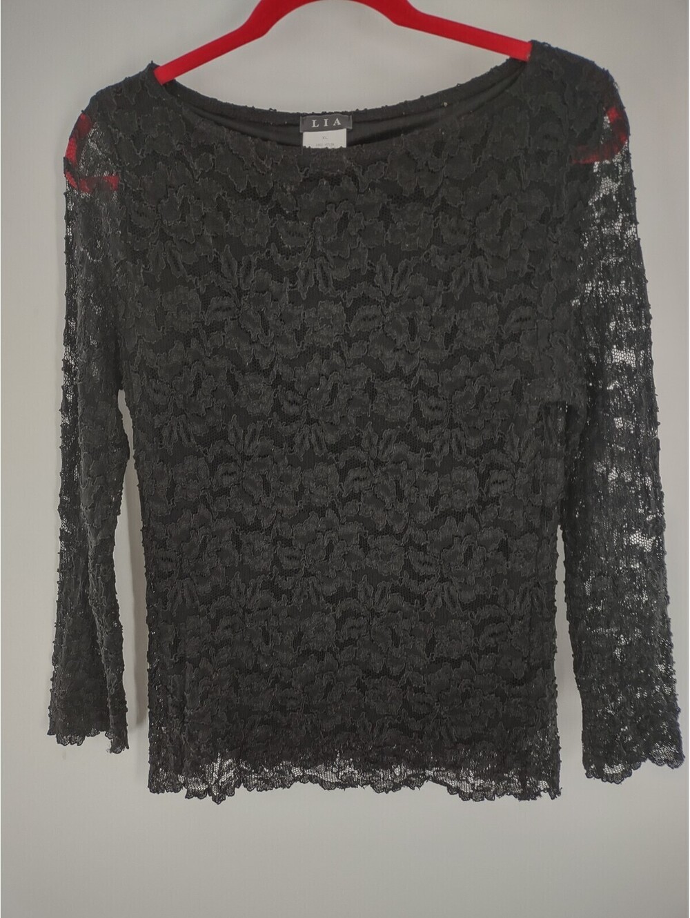 Lia Women's Extra Large 100% Nylon Blouse Made In The USA Lace Overlay Black 033